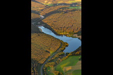 Aerial photograpy of Marbach Reservoir in the district Hüttenthal in Mossautal in the state Hesse, Germany