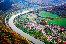Aerial view of Neckar loop in the district Guttenbach in Neckargerach in the state Baden-Wuerttemberg, Germany