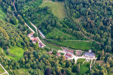Aerial view of Fürstenlager State Park: spa fountain and village in the landscape park of a princely summer residence from the 18th century in the district Auerbach in Bensheim in the state Hesse, Germany