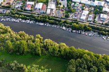 Aerial view of Boat docks of the industrial area jetty community GbR on the Lampertheim Altrhein in Lampertheim in the state Hesse, Germany