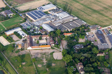 Aerial view of Intersnack Deutschland SE Petersau plant and Carlo von Opel riding facility in the district Mörsch in Frankenthal in the state Rhineland-Palatinate, Germany