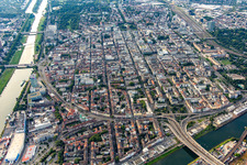 Square city from the northwest between the Kurpfalz bridge over the Neckar and the main station and baroque palace in the southwest in the district Innenstadt in Mannheim in the state Baden-Wuerttemberg, Germany