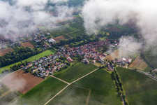 Aerial view of Village on the Klingbachtal from the south under clouds in the district Klingen in Heuchelheim-Klingen in the state Rhineland-Palatinate, Germany