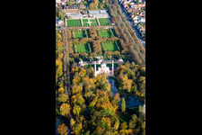 Aerial view of Mosque / Moorish temple in the castle garden Schwetzingen in Schwetzingen in the state Baden-Wuerttemberg, Germany
