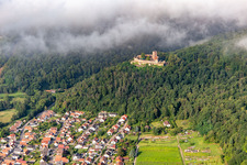 Aerial photograpy of Landeck Castle in the morning under low clouds in Klingenmünster in the state Rhineland-Palatinate, Germany