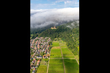 Oblique view of Landeck Castle in the morning under low clouds in Klingenmünster in the state Rhineland-Palatinate, Germany