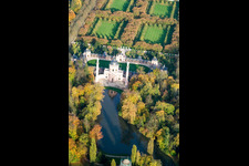 Aerial photograpy of Mosque / Moorish temple in the castle garden Schwetzingen in Schwetzingen in the state Baden-Wuerttemberg, Germany