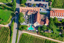 Aerial photograpy of 4-star hotel Leinsweiler courtyard between vineyards in the morning in Leinsweiler in the state Rhineland-Palatinate, Germany