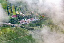Aerial view of Low clouds over the geothermal power plant Insheim in Insheim in the state Rhineland-Palatinate, Germany