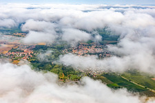 Aerial view of Village hidden under clouds from the east in the district Billigheim in Billigheim-Ingenheim in the state Rhineland-Palatinate, Germany