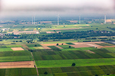 Low clouds over the wind farm Freckenfeld from the north in Freckenfeld in the state Rhineland-Palatinate, Germany
