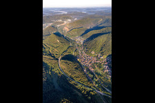 Aerial view of Place in the Queichtal with B10 bypass in Wilgartswiesen in the state Rhineland-Palatinate, Germany