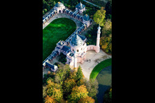 Mosque / Moorish temple in the castle garden Schwetzingen in Schwetzingen in the state Baden-Wuerttemberg, Germany from above