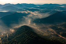 Morning mist in the Palatinate Forest from the north in Oberschlettenbach in the state Rhineland-Palatinate, Germany