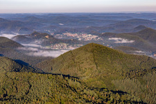 Morning mist in the Wieslautertal from the northeast in Erfweiler in the state Rhineland-Palatinate, Germany