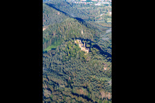 Aerial view of Altdahn castle massif with Granfendahn and Tanstein castle ruins in Dahn in the state Rhineland-Palatinate, Germany