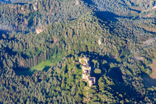 Aerial photograpy of Altdahn castle massif with Granfendahn and Tanstein castle ruins in Dahn in the state Rhineland-Palatinate, Germany