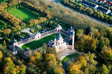 Mosque / Moorish temple in the castle garden Schwetzingen in Schwetzingen in the state Baden-Wuerttemberg, Germany from the plane