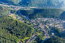 Aerial view of Place between mountains from the south in Hinterweidenthal in the state Rhineland-Palatinate, Germany