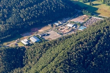 Aerial view of Super-Dubber Kinderland and Magic Power Technology GmbH in the Neudahn Industrial Park in Dahn in the state Rhineland-Palatinate, Germany
