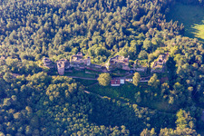 Altdahn castle massif with Granfendahn and Tanstein castle ruins in Dahn in the state Rhineland-Palatinate, Germany from above