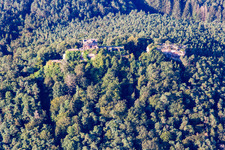 Aerial view of Ruins of Drachenfels Castle in Busenberg in the state Rhineland-Palatinate, Germany