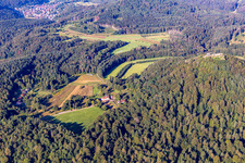 Oblique view of Cramerhaus hut and game restaurant at the foot of the Lindelbrunn castle ruins in Vorderweidenthal in the state Rhineland-Palatinate, Germany