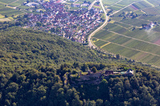 Madenburg, Remains of an 11th-century hilltop castle surrounded by forests with a restaurant from the west in Eschbach in the state Rhineland-Palatinate, Germany
