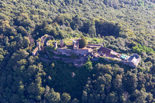 Aerial view of Madenburg, Remains of an 11th-century hilltop castle surrounded by forests with a restaurant from the west in Eschbach in the state Rhineland-Palatinate, Germany