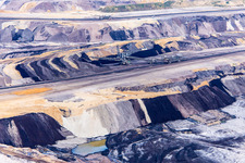 Oblique view of Interestingly colored layers of overburden and coal in the Garzweiler opencast lignite mine in the district Borschemich in Erkelenz in the state North Rhine-Westphalia, Germany