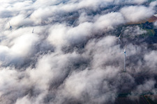 Aerial view of Wind farm at Minfeld partly in clouds in Minfeld in the state Rhineland-Palatinate, Germany