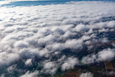 Aerial photograpy of Wind farm at Minfeld partly in clouds in Minfeld in the state Rhineland-Palatinate, Germany