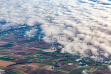Wind farm near Offenbach partly in clouds in Offenbach an der Queich in the state Rhineland-Palatinate, Germany