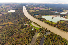 Rhine with flooding at the Rheinstrandbad Rappenwört in the district Daxlanden in Karlsruhe in the state Baden-Wuerttemberg, Germany