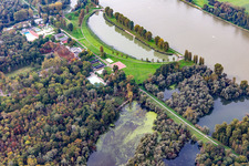 Aerial view of Rhine with flooding at the Rheinstrandbad Rappenwört in the district Daxlanden in Karlsruhe in the state Baden-Wuerttemberg, Germany