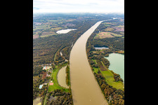 Aerial photograpy of Rhine with flooding at the Rheinstrandbad Rappenwört in the district Daxlanden in Karlsruhe in the state Baden-Wuerttemberg, Germany