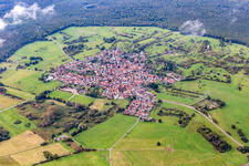 Oblique view of An island in the Bienwald under clouds in the district Büchelberg in Wörth am Rhein in the state Rhineland-Palatinate, Germany