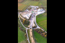 Drone recording of Construction site of the eastern tunnel portal for the Astrid Tunnel for the underpass and bypass of Bad Bergzabern between B38 (Weinstraße) and B427 (Kurtalstraße) in Dörrenbach in the state Rhineland-Palatinate, Germany