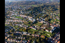 St. Anna and St. Philipp (castle church), orangery and baroque castle above the city in Blieskastel in the state Saarland, Germany from above