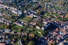St. Anna and St. Philipp (castle church), orangery and baroque castle above the city in Blieskastel in the state Saarland, Germany out of the air