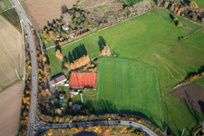 Aerial view of Sports field at the motorway exit in Erlenbach bei Kandel in the state Rhineland-Palatinate, Germany