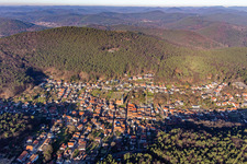 Aerial view of The Sleeping Beauty of the Palatinate from the south in Dörrenbach in the state Rhineland-Palatinate, Germany