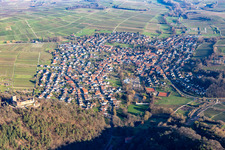 Wine village on the edge of the Haardt below the Landeck castle ruins from the west in Klingenmünster in the state Rhineland-Palatinate, Germany