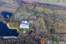 Oblique view of Beach and camping at the Moby Dick leisure center in Rülzheim in the state Rhineland-Palatinate, Germany