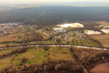 Beach and camping at the Moby Dick leisure center in Rülzheim in the state Rhineland-Palatinate, Germany seen from above
