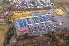 Oblique view of Engel&Engelk GmbH Car dealership and fashion park Röther in the Südpfalz Center in Rohrbach in the state Rhineland-Palatinate, Germany