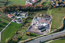 Drilling rig at the geothermal power plant Insheim in Insheim in the state Rhineland-Palatinate, Germany from above