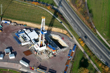 Drilling rig at the geothermal power plant Insheim in Insheim in the state Rhineland-Palatinate, Germany out of the air