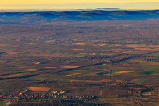 View of the town from the south in winter with a view to the Donnersberg in Winden in the state Rhineland-Palatinate, Germany