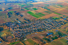 Aerial view of Wind farm in winter in Minfeld in the state Rhineland-Palatinate, Germany